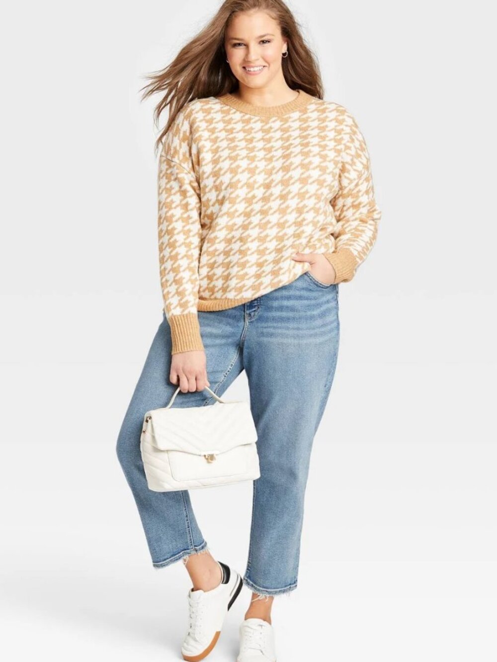 Ava & Viv Chunky Houndstooth Crewneck Sweater Camel | Women’s 4X | NWT